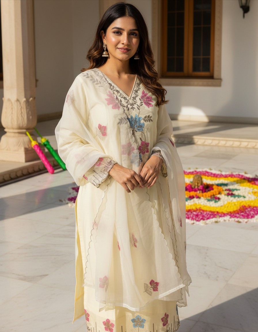 Premium Silk Floral Suit -Creamish White