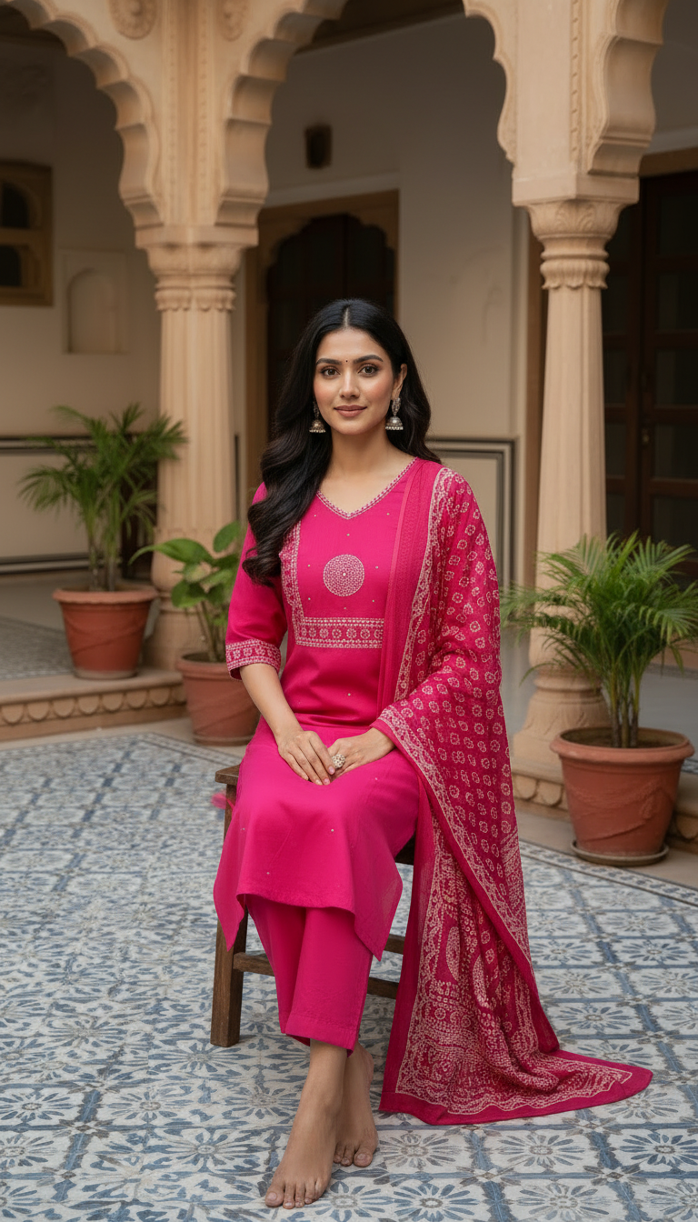 Premium Cotton Bandani Suit - Pink